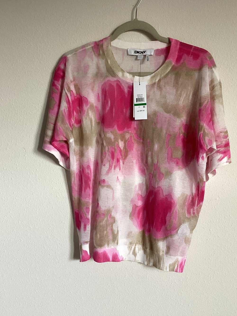 DKNY Pink and Tan Short-Sleeve Abstract Knit Top